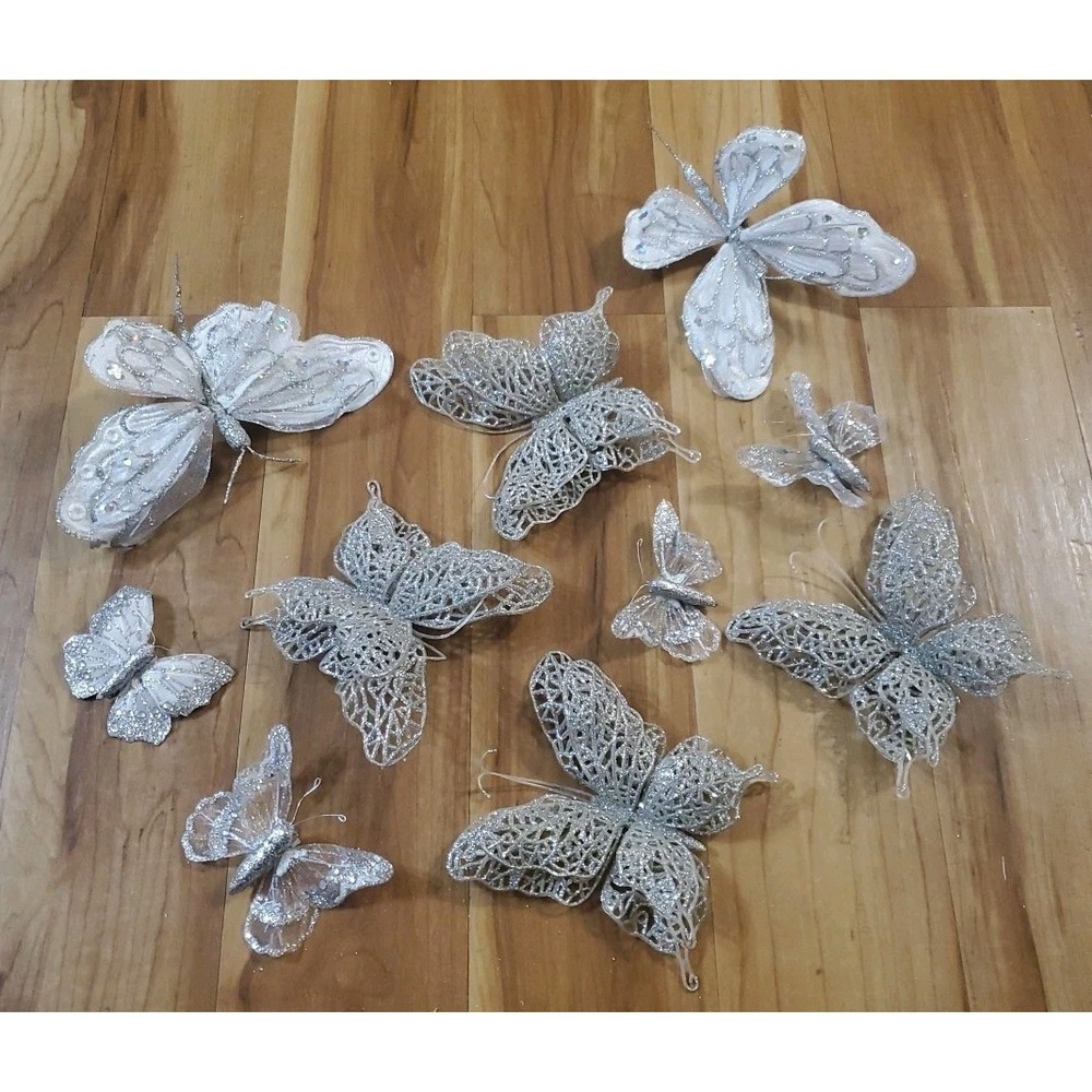 Large Lot‎ Silver and White Glitter Butterfly Ornament Pick Christmas Holiday